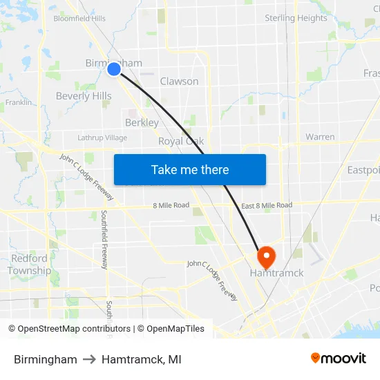 Birmingham to Hamtramck, MI map