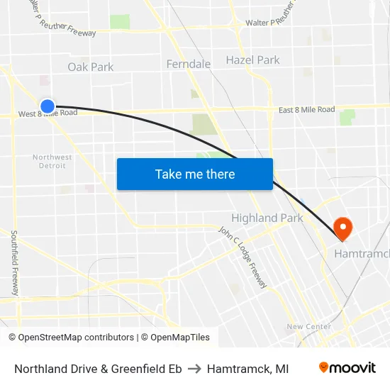 Northland Drive & Greenfield Eb to Hamtramck, MI map
