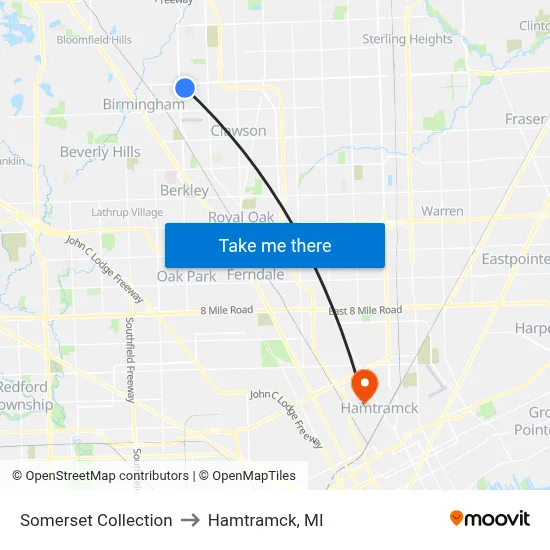 Somerset Collection to Hamtramck, MI map