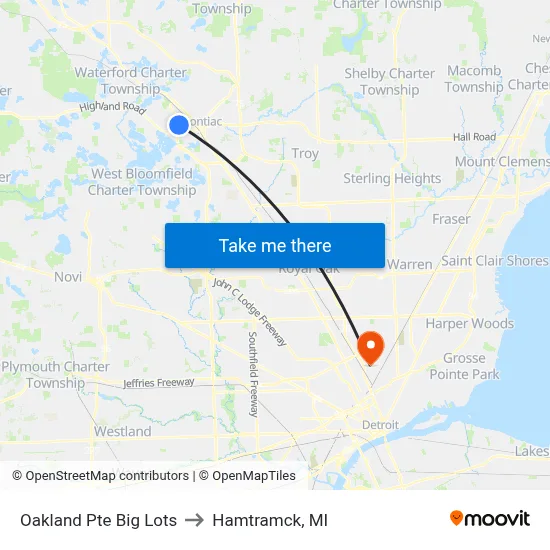 Oakland Pte Big Lots to Hamtramck, MI map