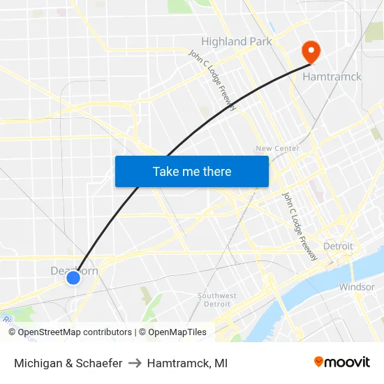 Michigan & Schaefer to Hamtramck, MI map