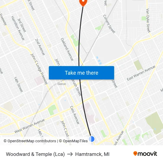 Woodward & Temple (Lca) to Hamtramck, MI map