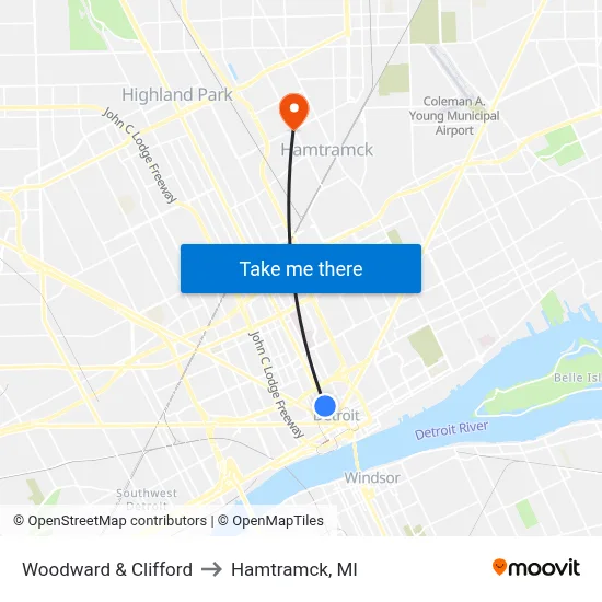 Woodward & Clifford to Hamtramck, MI map