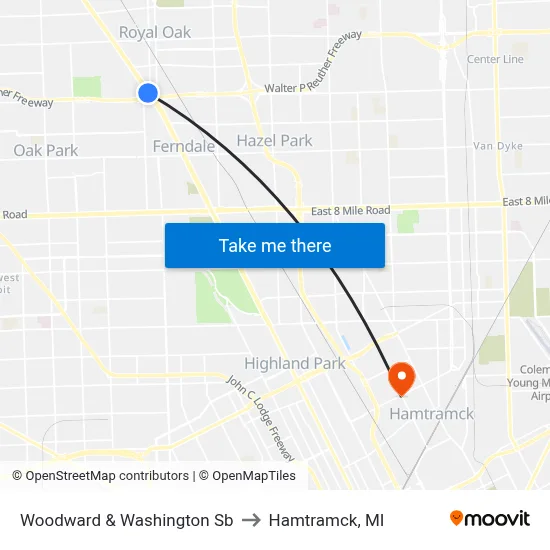 Woodward & Washington Sb to Hamtramck, MI map