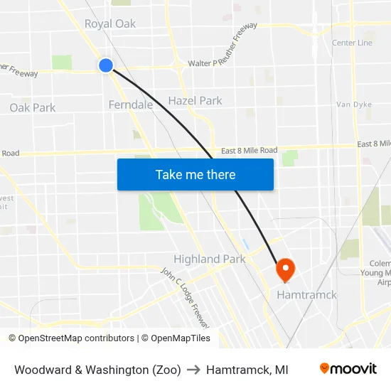 Woodward & Washington (Zoo) to Hamtramck, MI map