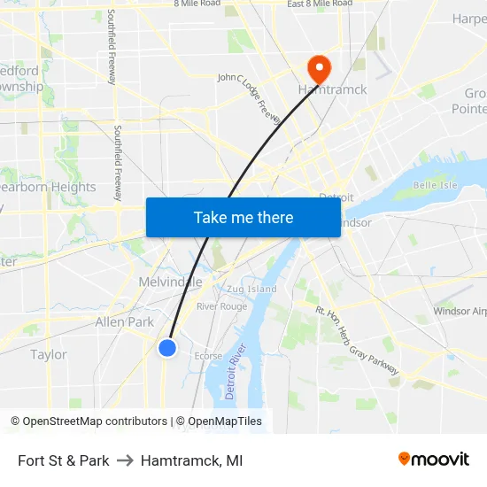 Fort St & Park to Hamtramck, MI map
