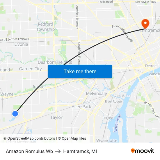Amazon Romulus Wb to Hamtramck, MI map