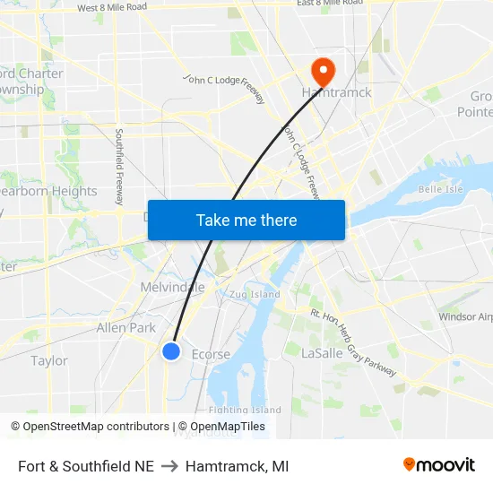 Fort & Southfield NE to Hamtramck, MI map