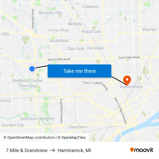 7 Mile & Grandview to Hamtramck, MI map