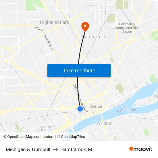Michigan & Trumbull to Hamtramck, MI map