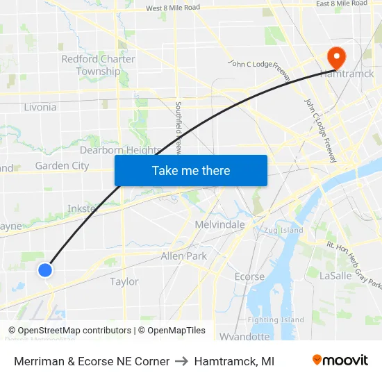 Merriman & Ecorse NE Corner to Hamtramck, MI map