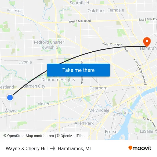 Wayne & Cherry Hill to Hamtramck, MI map