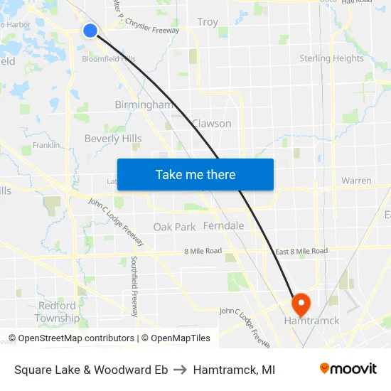 Square Lake & Woodward Eb to Hamtramck, MI map