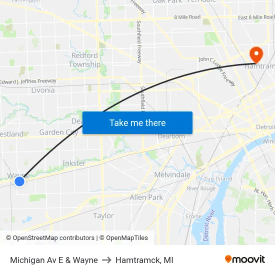 Michigan Av E & Wayne to Hamtramck, MI map