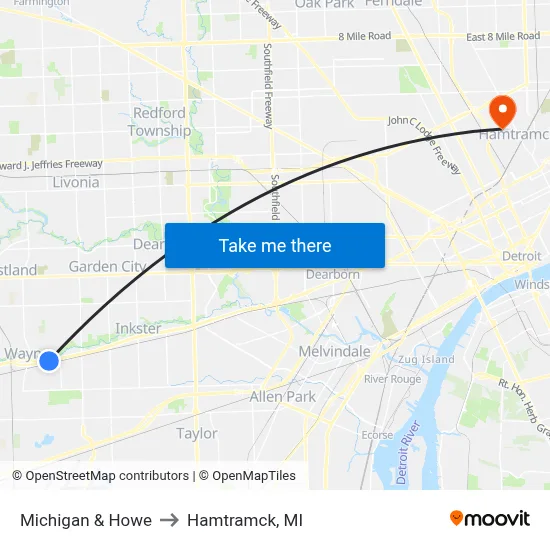 Michigan & Howe to Hamtramck, MI map