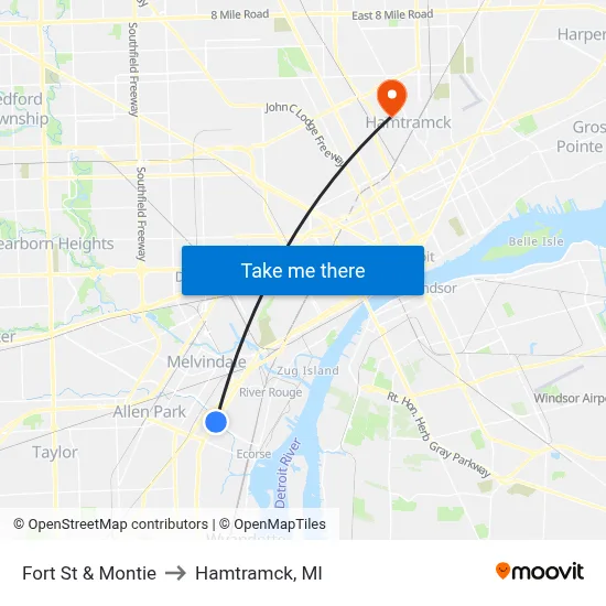 Fort St & Montie to Hamtramck, MI map