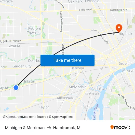 Michigan & Merriman to Hamtramck, MI map