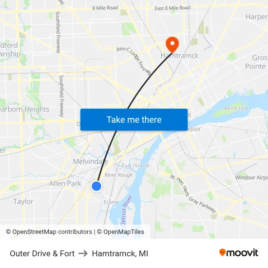 Outer Drive & Fort to Hamtramck, MI map