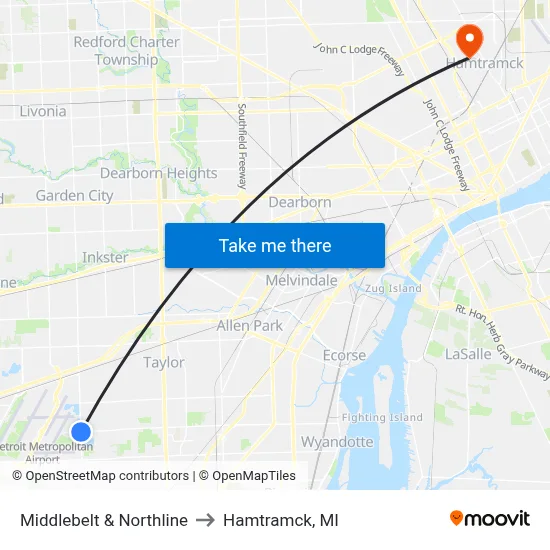 Middlebelt & Northline to Hamtramck, MI map