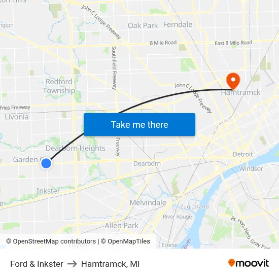Ford & Inkster to Hamtramck, MI map