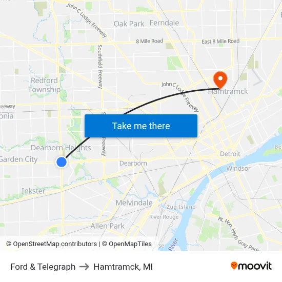 Ford & Telegraph to Hamtramck, MI map