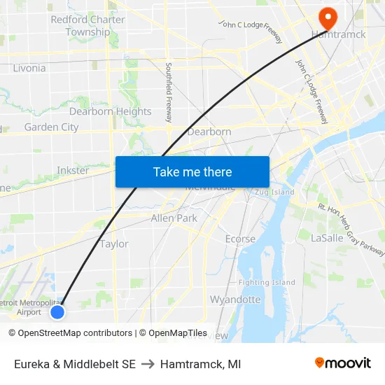 Eureka & Middlebelt SE to Hamtramck, MI map