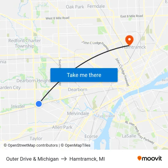 Outer Drive & Michigan to Hamtramck, MI map