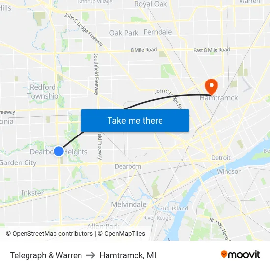Telegraph & Warren to Hamtramck, MI map
