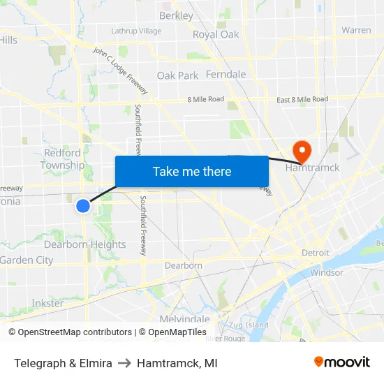 Telegraph & Elmira to Hamtramck, MI map
