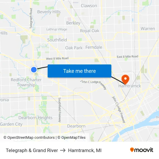 Telegraph & Grand River to Hamtramck, MI map