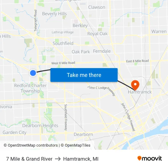 7 Mile & Grand River to Hamtramck, MI map
