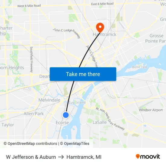 W Jefferson & Auburn to Hamtramck, MI map