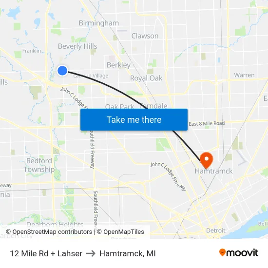 12 Mile & Lahser to Hamtramck, MI map