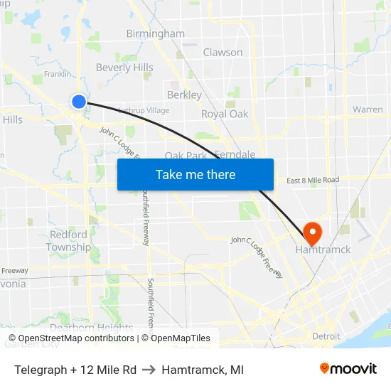 Telegraph + 12 Mile Rd to Hamtramck, MI map