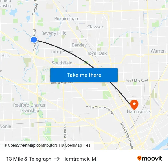 13 Mile & Telegraph to Hamtramck, MI map