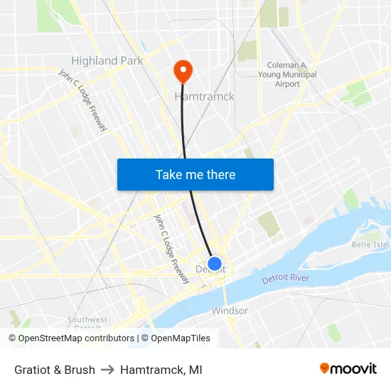 Gratiot & Brush to Hamtramck, MI map