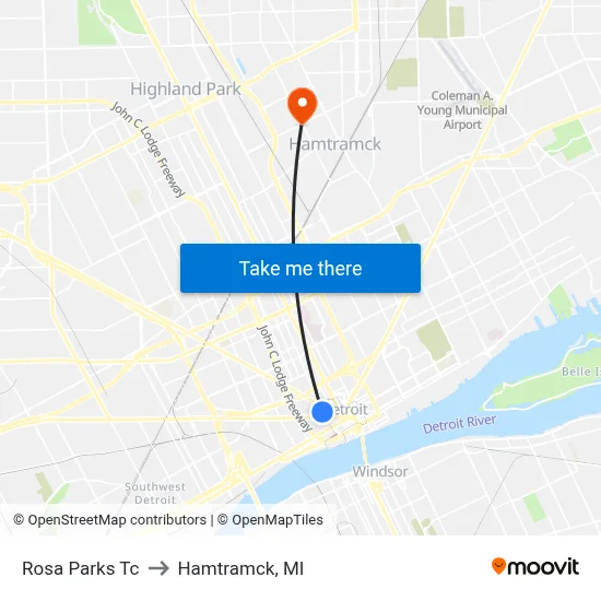 Rosa Parks Tc to Hamtramck, MI map