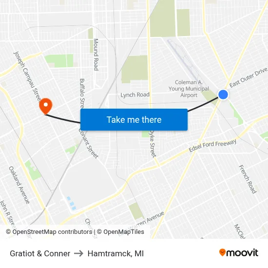 Gratiot & Conner to Hamtramck, MI map
