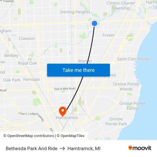 Bethesda Park And Ride to Hamtramck, MI map