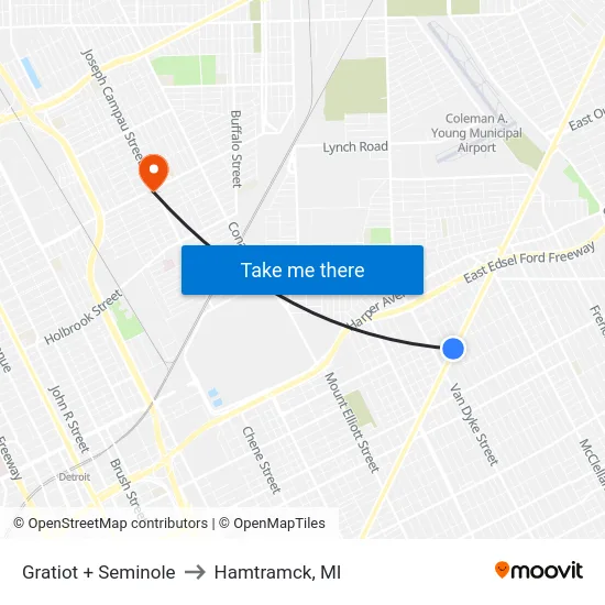 Gratiot + Seminole to Hamtramck, MI map