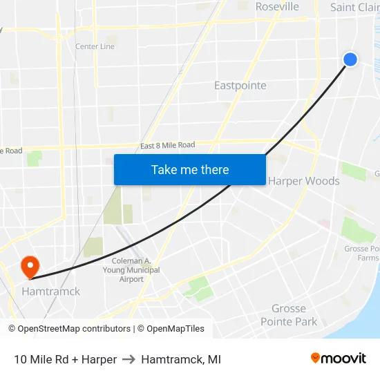 10 Mile & Harper to Hamtramck, MI map
