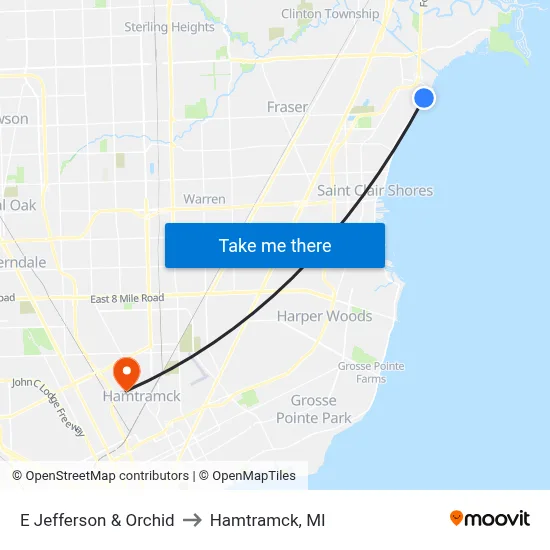 E Jefferson & Orchid to Hamtramck, MI map