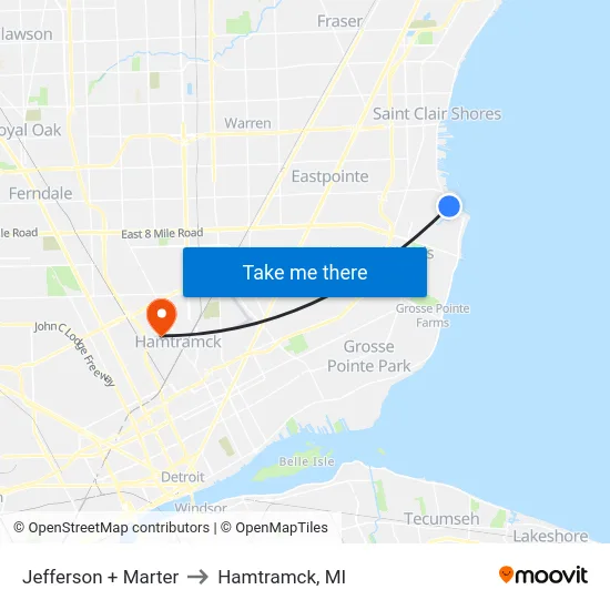 Jefferson & Marter to Hamtramck, MI map