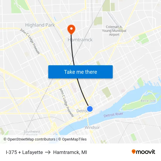 I-375 & Lafayette to Hamtramck, MI map