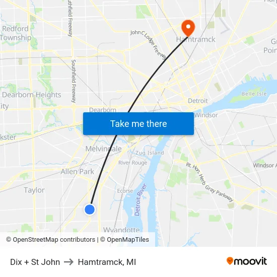 Dix & St John to Hamtramck, MI map