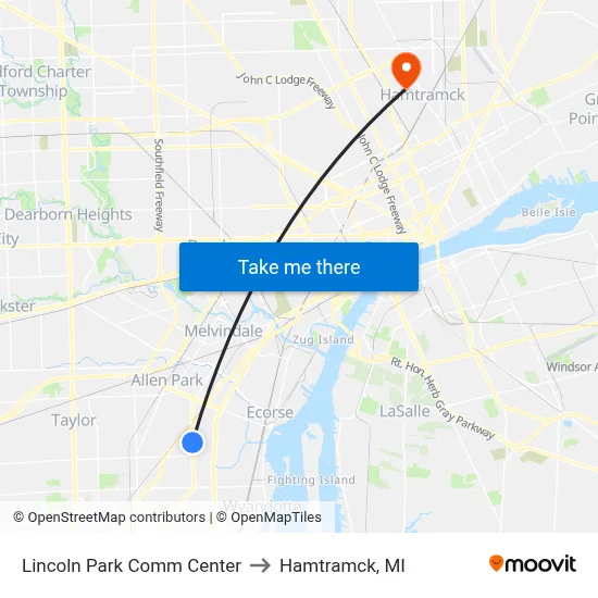 Lincoln Park Comm Center to Hamtramck, MI map