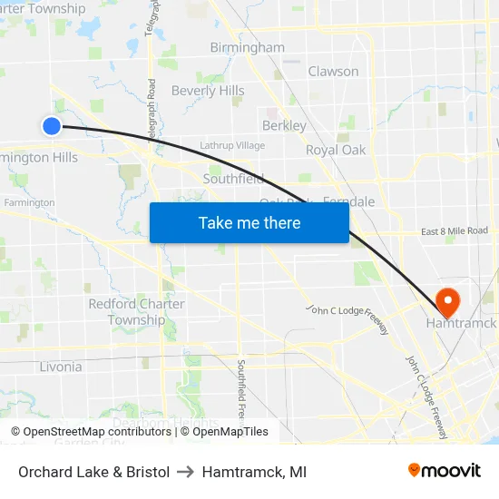 Orchard Lake & Bristol to Hamtramck, MI map
