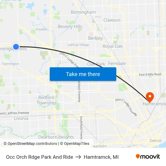 Occ Orch Rdge Park And Ride to Hamtramck, MI map
