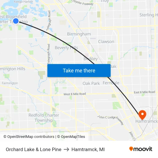 Orchard Lake & Lone Pine to Hamtramck, MI map