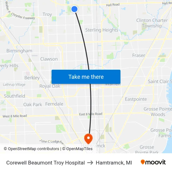 Corewell Beaumont Troy Hospital to Hamtramck, MI map